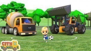 'Construction vehicles build a football / soccer field — for kids'