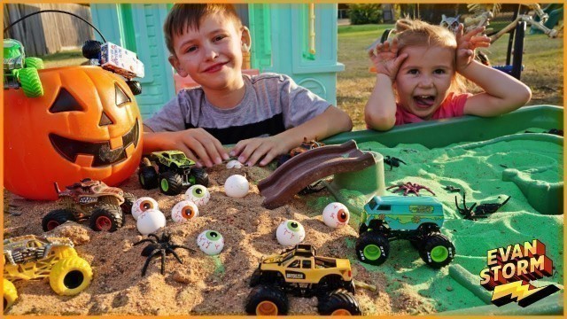 'Spooky Halloween Monster Truck Backyard Challenge with Monster Jam Dirt Squad Construction Trucks'