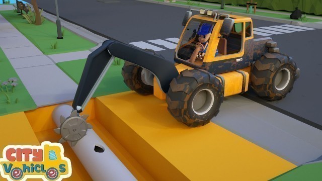 'Construction vehicles repair a broken pipe — for kids'