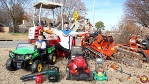 'Lawn mower helps excavator at the playground with leaf blower, weed eater and chainsaw | Kids mowers'