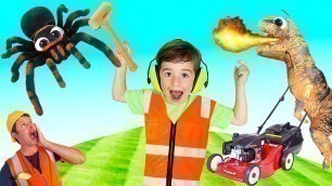 'Lawn mower Video for Kids | kids play pranks on dad dinosaur | blippi toddler | min min playtime'