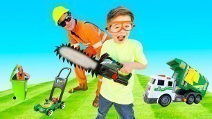 'Garbage Trucks, Lawn mowers, toys Kids Video | 5 year old start the hedge trimmer | min min playtime'