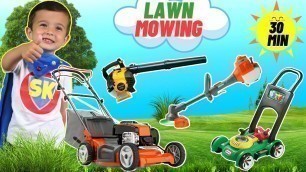 'Best Lawn Mower, Weed Eater, Leaf Blower 30 Minute Video with Super Krew Mowing the Lawn for Kids'