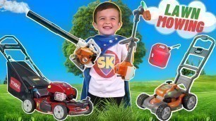 'Lawn Mower Obstacle Course for Kids | Weed Eater | Leaf Blower | Grass Cutting Machine'