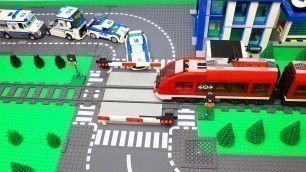 'LEGO Trains Road Crossing and Lego City Police Cars & Trucks in Movie for kids'